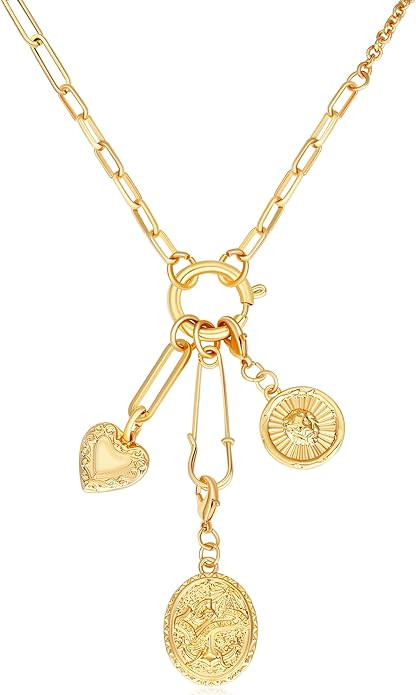 Charm Necklace for Women Gold Evil Eye Sun Moon Flower Coin Pendant Necklace Dainty Paperclip Cha... | Amazon (US)