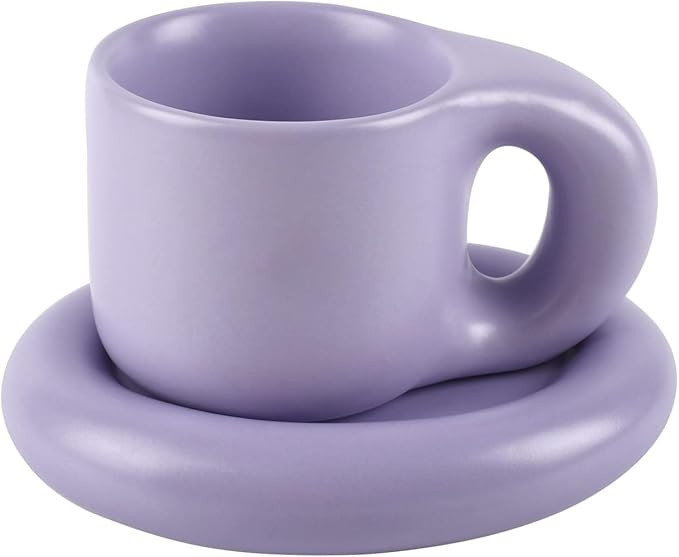 Koythin Ceramic Coffee Chubby Mug Saucer Set, Creative Cute Fat Handle Cup with Saucer for Office... | Amazon (US)