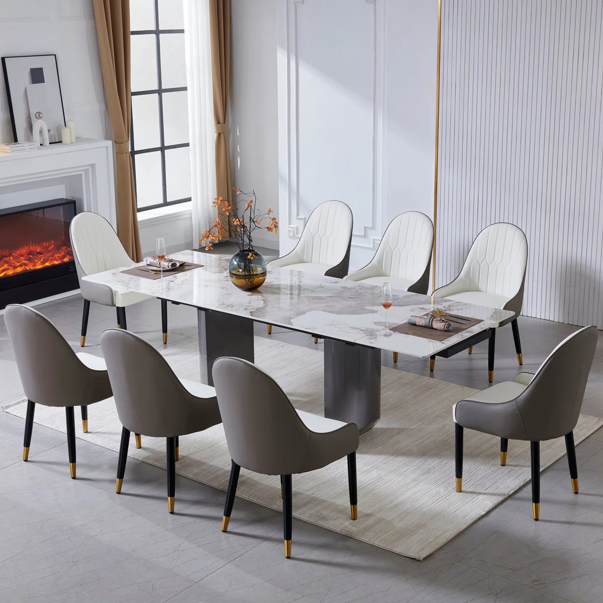 Keeli Extendable Sintered Stone Dining Table with 8 Leather Chairs Dining Set | Wayfair North America