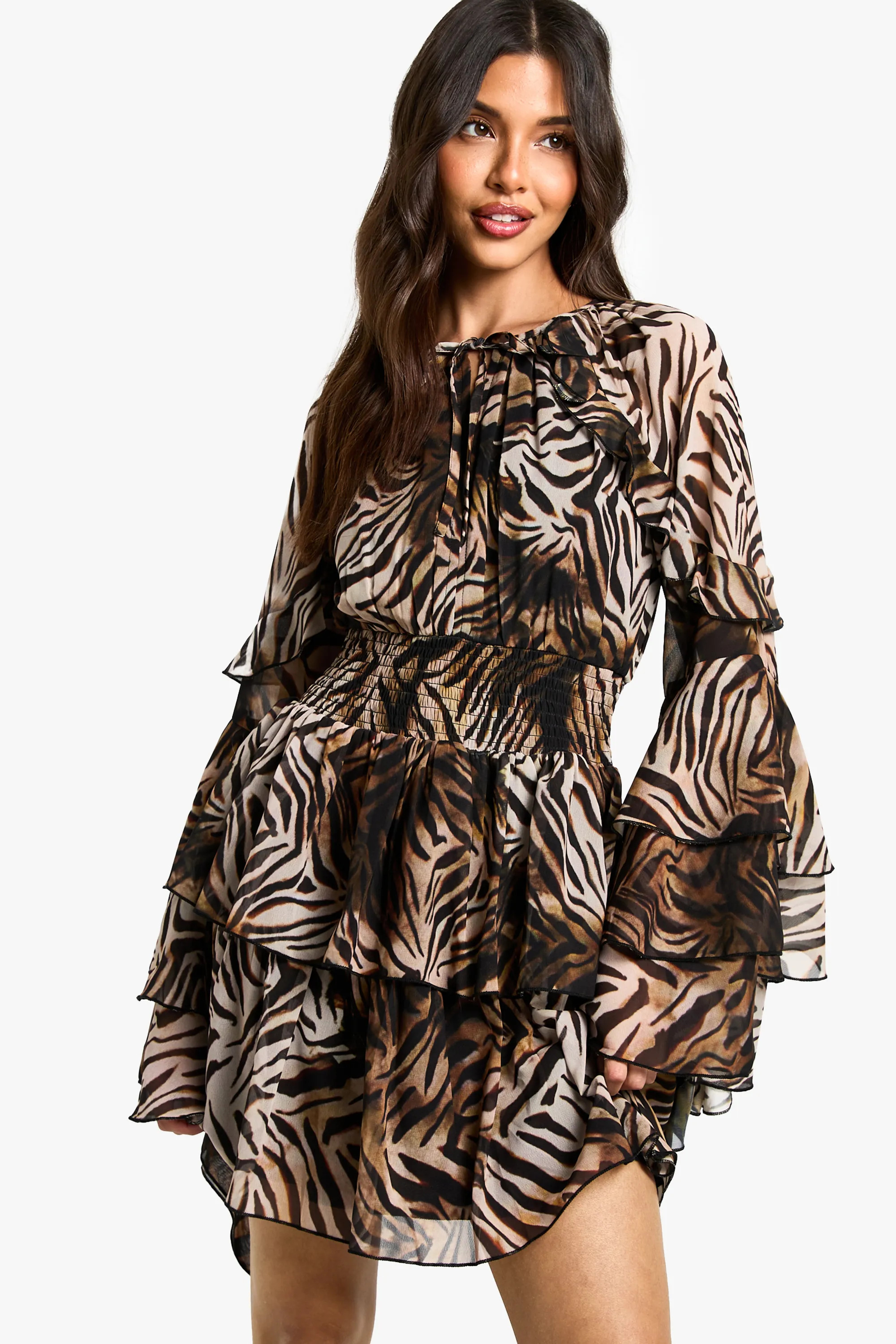 Zebra Printed Chiffon Long Sleeve Ruffle Mini Dress | Boohoo.com (UK & IE)