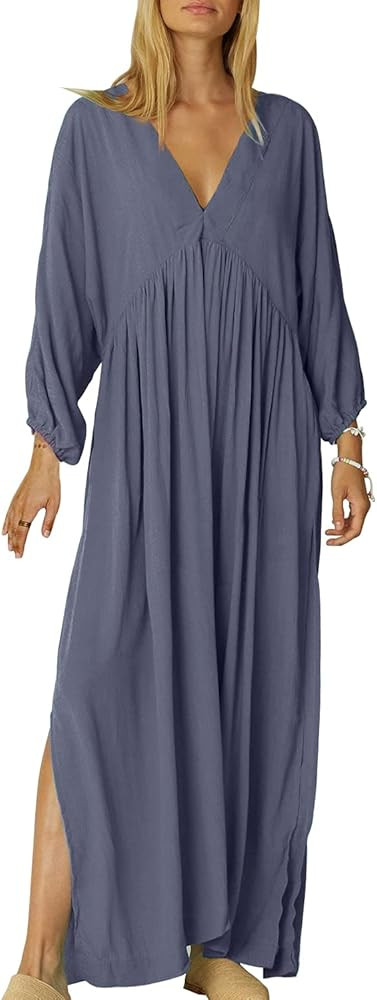MayBuy Women's V-Neck Long Sleeve Loose Kaftan Split Pleat Maxi Casual Beach Cover Up Dress | Amazon (US)