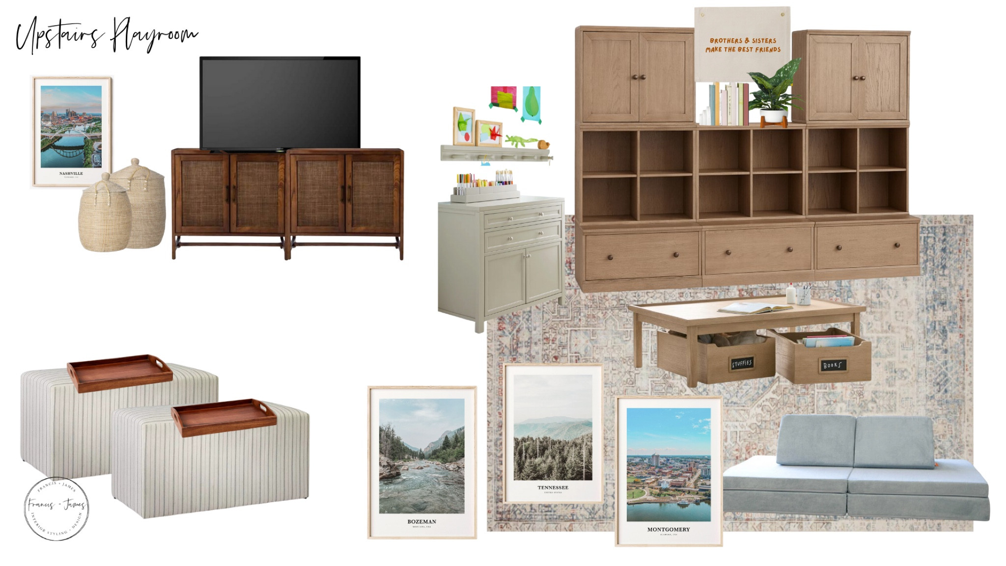 Playroom, bonus room, kids room, living room, travel photos, kids play area, casual living room, family movie night, playroom storage, brothers and sister playroom, art storage, ottoman, Lego table, drink tray, media cabinet, large toy storage baskets 