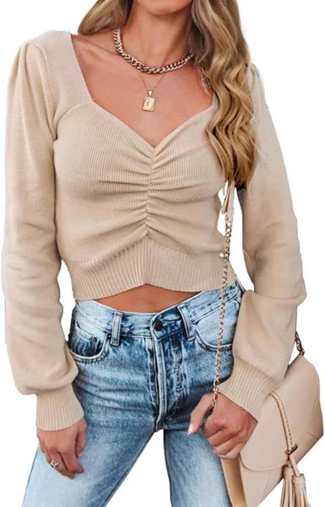 PRETTYGARDEN Women's Chic Deep V Neck Long Sleeve Knit Ruched Tops Off Shoulder Solid Ribbed Knit... | Amazon (US)