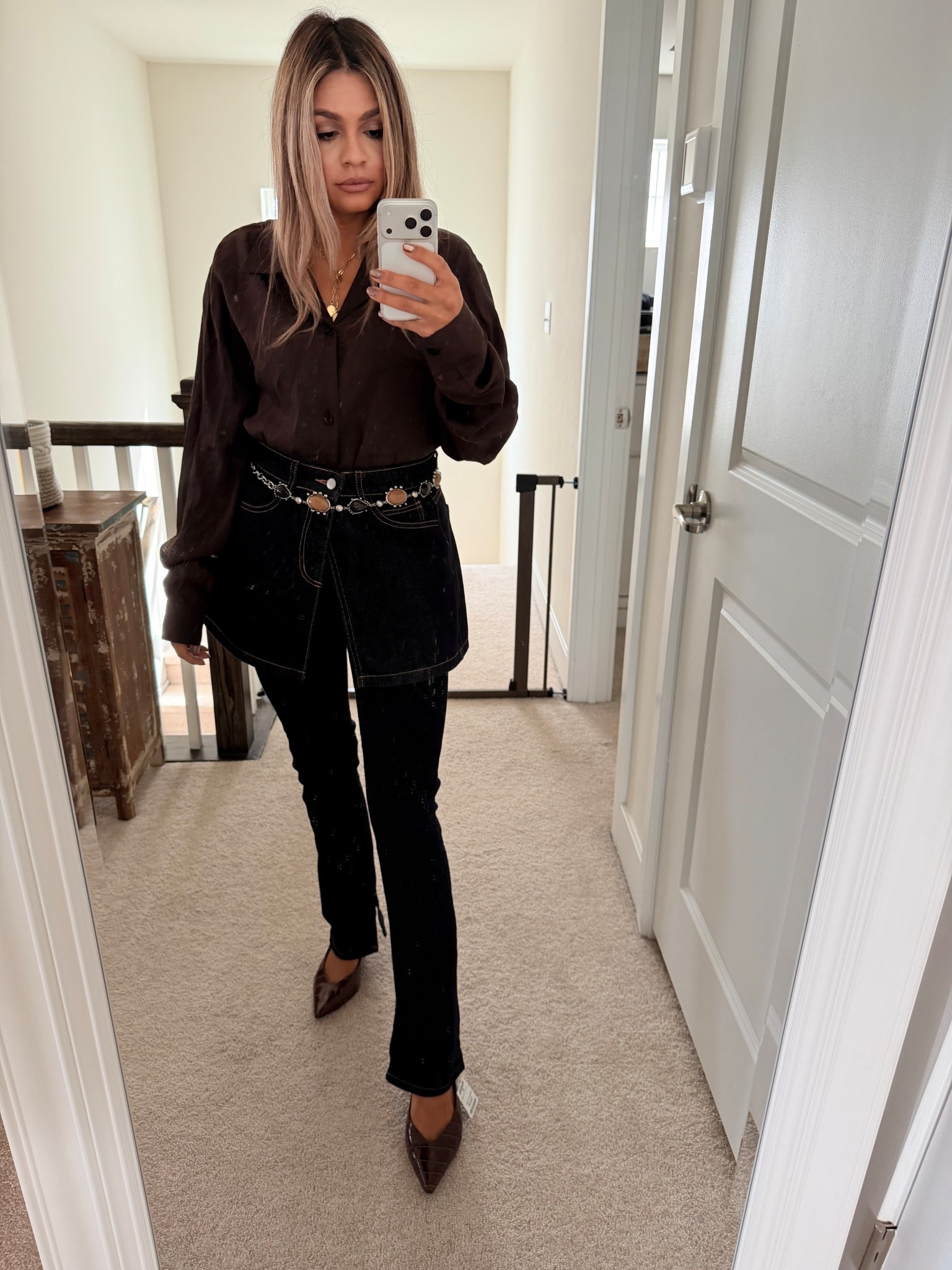 Loving this outfit for fall 
Brown button down with this cute denim skirt overlay . The dark denim matched perfectly with these express dark denim jeans . 

#LTKShoeCrush #LTKSeasonal #LTKFallSale