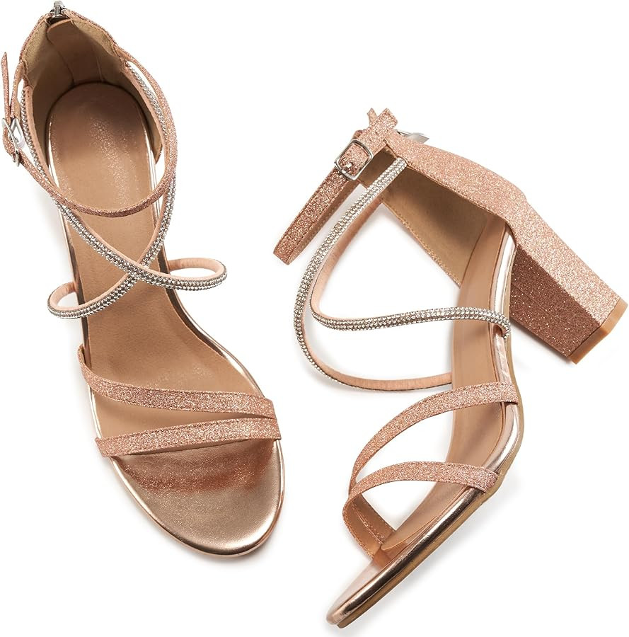 Ecetana Heels for Women Open Toe Ankle Strap Buckle Rhinestone Sandals Block Chunky Sexy Shoes fo... | Amazon (US)