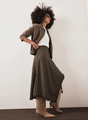 Khaki Check Hanky Hem Midi Skirt | Mint Velvet