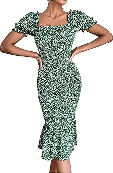 PRETTYGARDEN Women's Summer Floral Midi Bodycon Dresses Short Puff Sleeve Square Neck Ruffle Hem ... | Amazon (US)