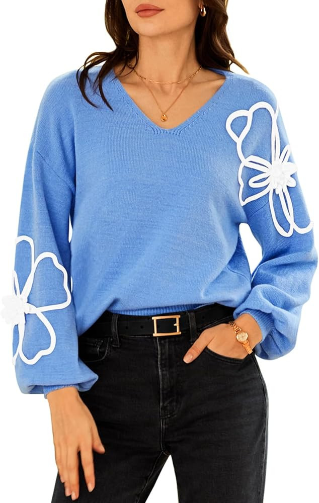 Pink Queen Women's Pullover Sweaters 2024 Knit Floral V Neck Tunic Pullover Long Sleeve Oversized... | Amazon (US)