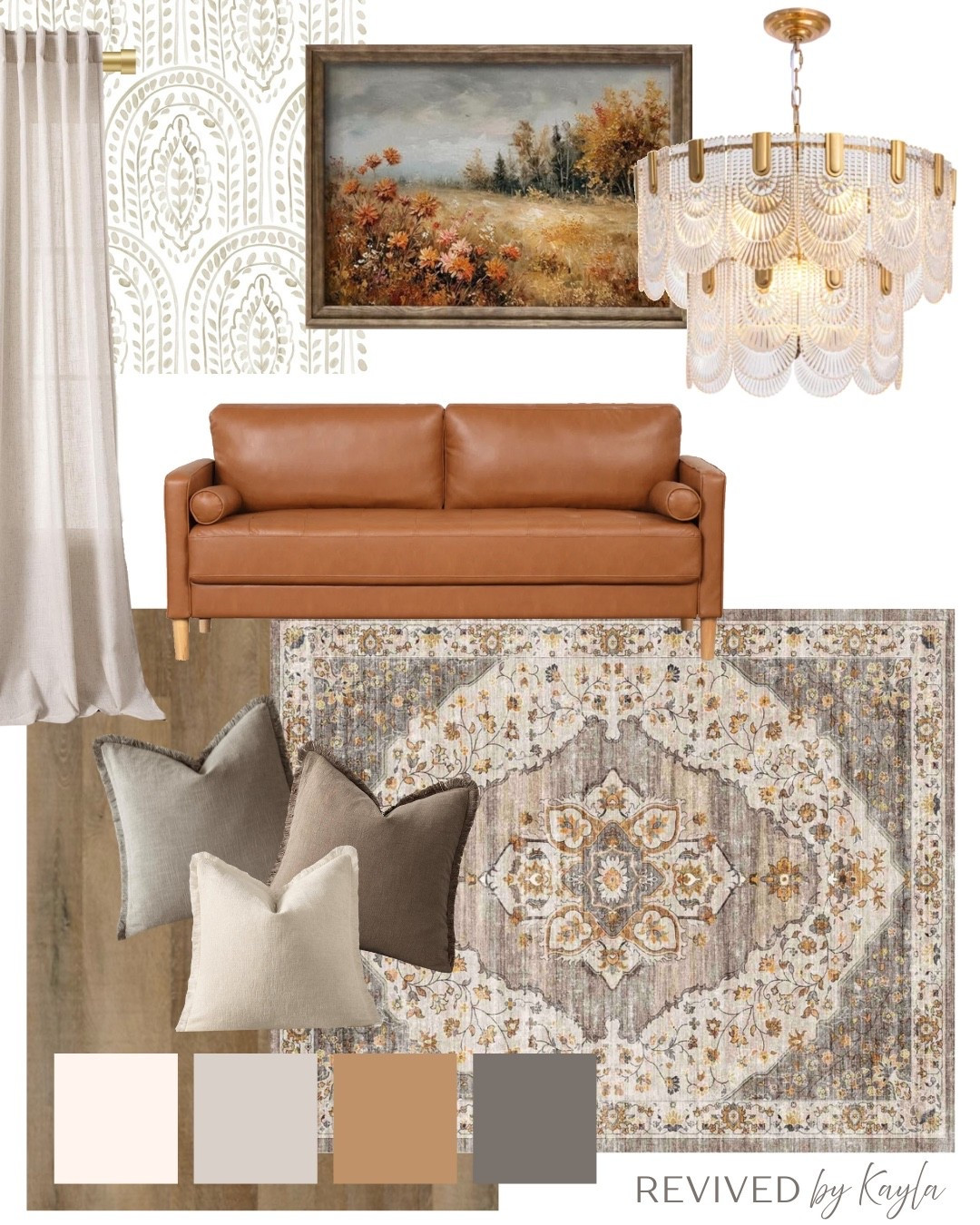 Neutral beige and grey living room design and color palette 🤍

#homedecor #homeinspo #livingroom #livingroomdecor #modernlivingroom #masterbedroom #primarybedroom #guestbedroom rug, leather couch, gold light fixture, throw pillows, wallpaper, curtains, wall decor, wood flooring 

#LTKFindsUnder50 #LTKFindsUnder100 #LTKHome