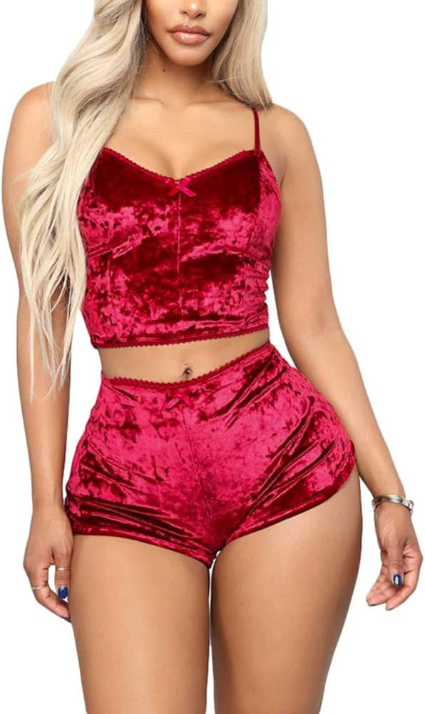 Angsuttc Women's Velvet 2 Piece Outfit Spaghetti Strap Crop Top Shorts Pajamas Set Sleepwear Nigh... | Amazon (US)