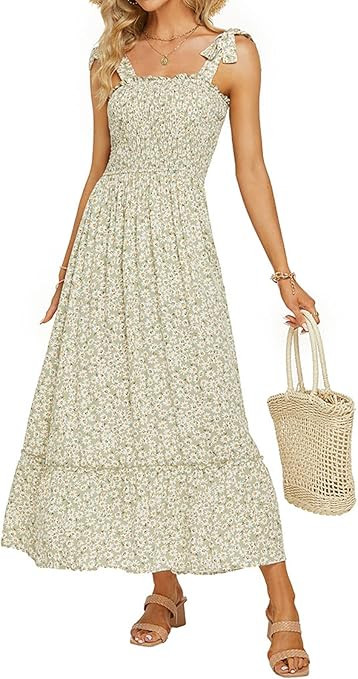 Tobrief Women's Boho Dress Summer Spaghetti Strap Square Neck Flowy Ruffle Beach Long Maxi Dress | Amazon (US)