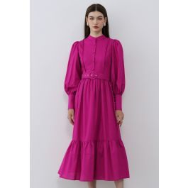 Lantern Sleeve Button Down Linen-Blend Midi Dress in Magenta | Chicwish