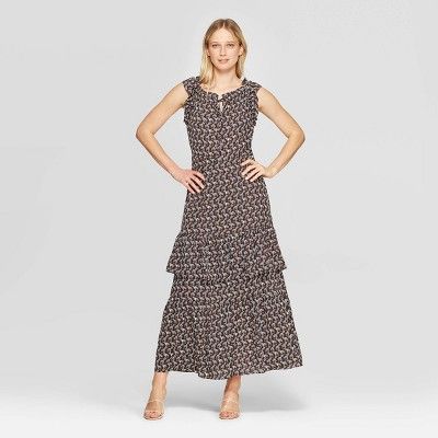 Women's Floral Print Cap Sleeve Boat Neck Ruffle Tiered Maxi Dress - Who What Wear™ Black | Target