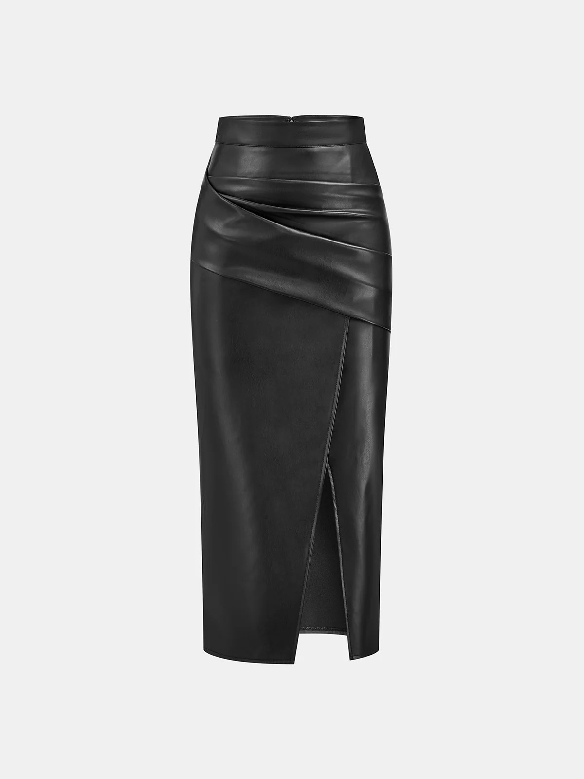 Ruched Slit PU Leather Midi Skirt | Commense