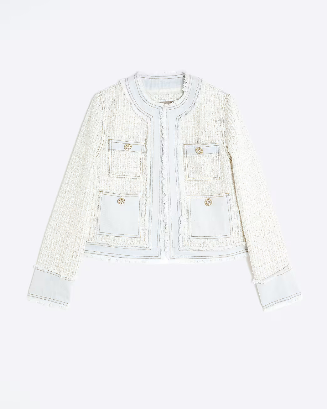 Cream Long Sleeve Denim Boucle Mix Jacket | River Island UK & IE