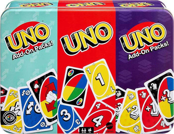 ​Mattel Games UNO Card Game with 2 Add On Packs with Storage Tin | Amazon (UK)