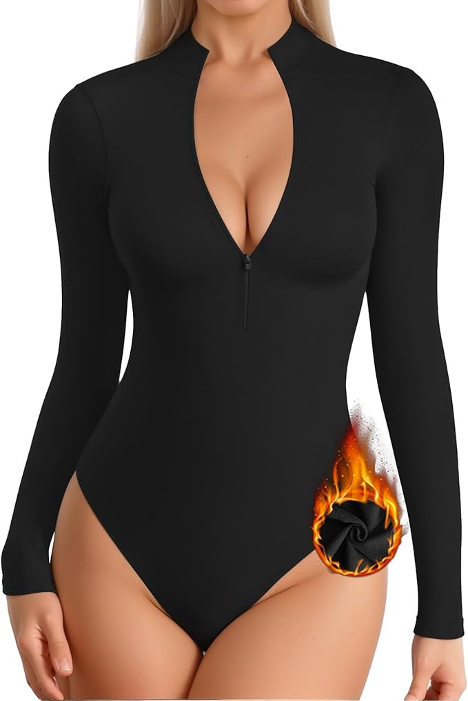 MANGOPOP Long Sleeve Body Suit Mock Turtle Neck Zip Up Bodysuit for Women Ribbed Deep V Sexy Body... | Amazon (US)