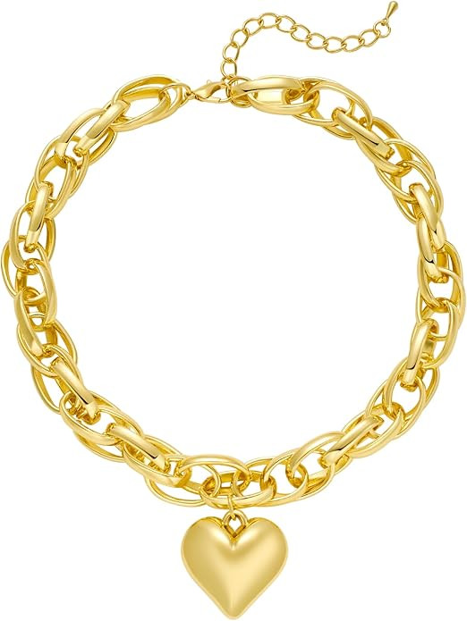 Heart Pendant Necklace Gold Chunky Twisted Chain Link Choker Necklace for Women | Amazon (US)