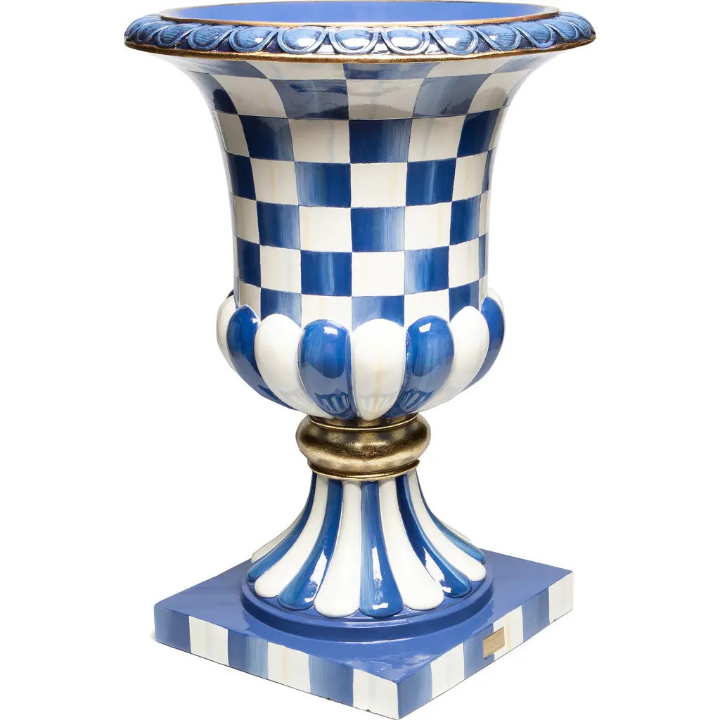 MACKENZIE CHILDS Royal Check Pedestal Urn in Blue/White at Nordstrom | Nordstrom