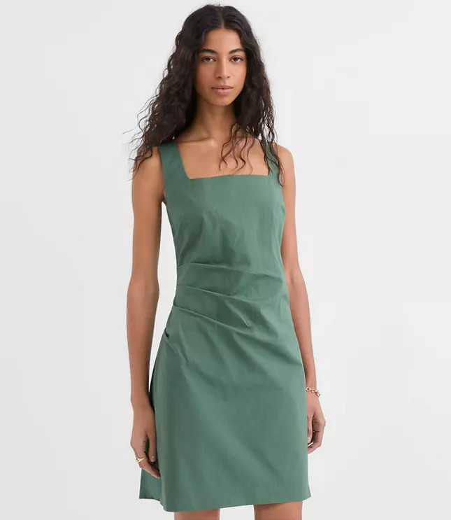 Pleated Stretch Poplin Square Neck Mini Dress | LOFT
