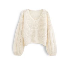 Fluffy Knit Hollow Out Crop Sweater in Ivory | Chicwish