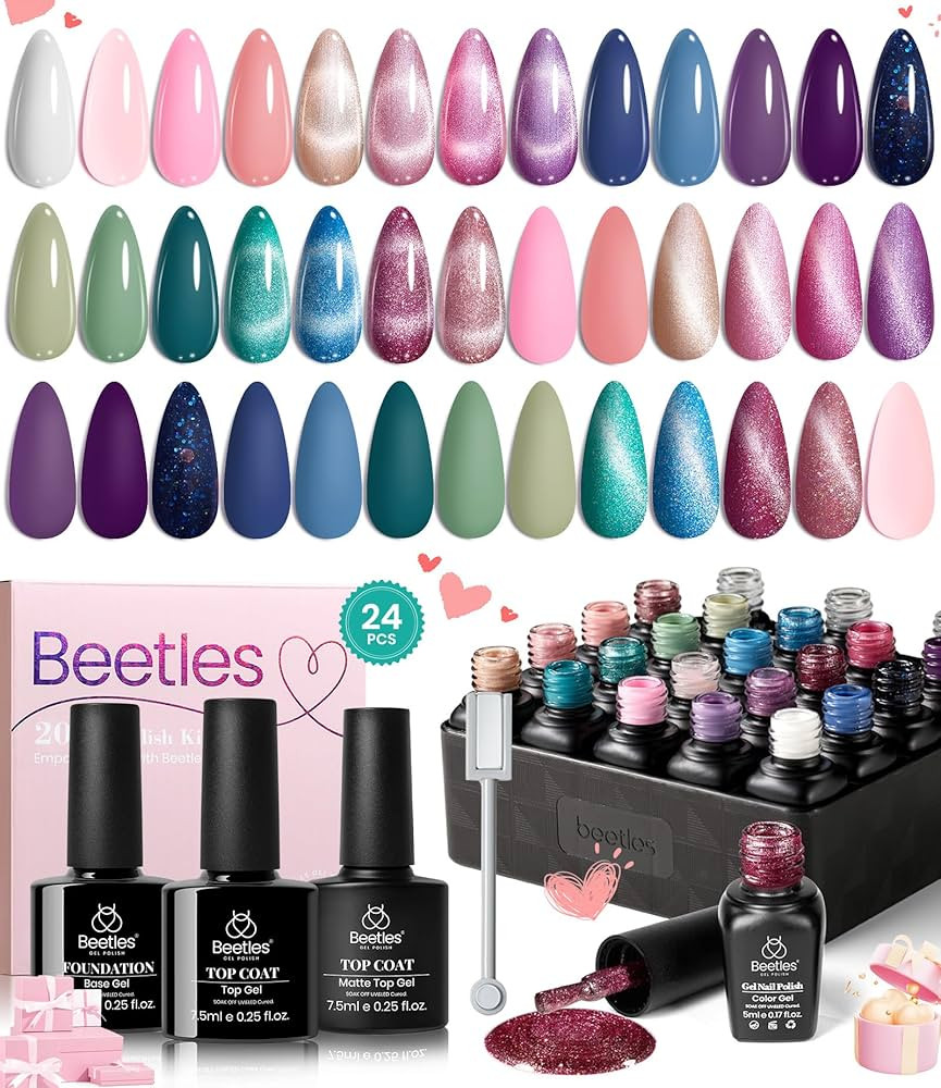 beetles Gel Polish 24Pcs Cat Eye Gel Nail Polish Set, Glitter Blue Pink Purple Green Shimmer Colo... | Amazon (US)