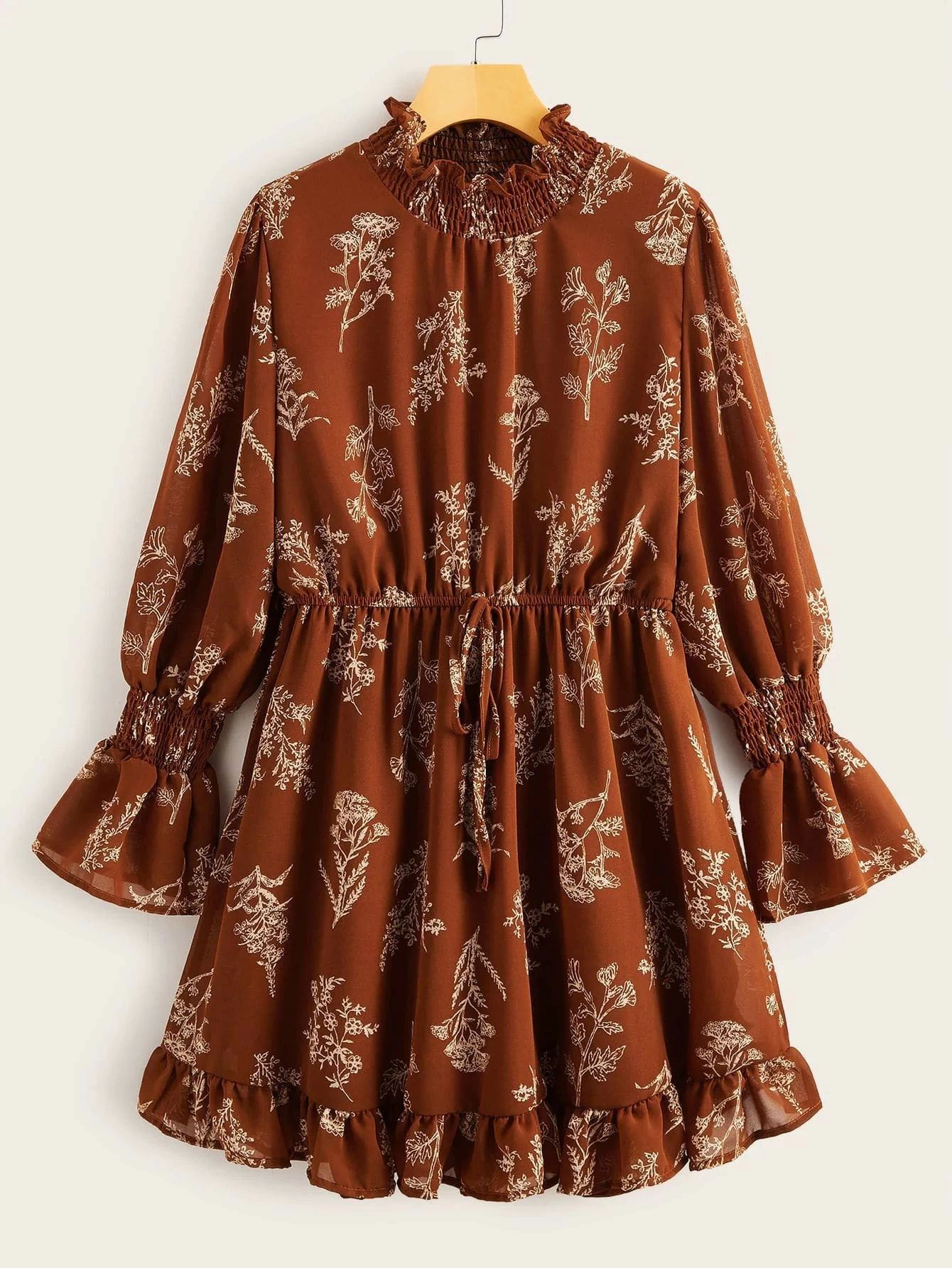 Plus Plants Print Shirred Detail Chiffon Dress | SHEIN