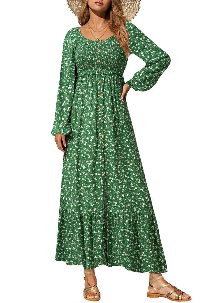 Dokotoo Fall Dresses for Women 2025 Boho Floral Smocked Empire Waist Square Neck Long Sleeve Butt... | Amazon (US)