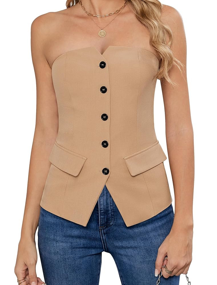 Women's Summer Strapless Vest Tops Notched Neck Tube Tops Button Fitted Sleeveless Work Business ... | Amazon (US)