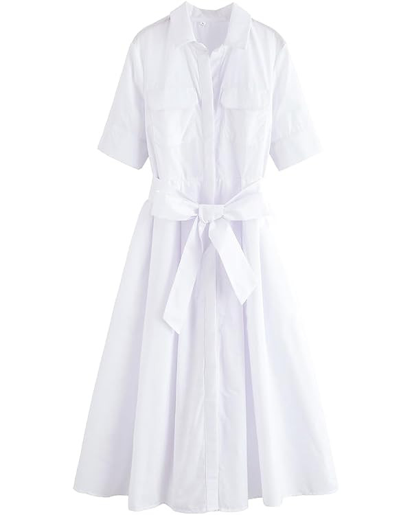 CosSky Womens Casual Button Down Shirt Dress with Waist Tie Midi Length Short Sleeve | Amazon (US)