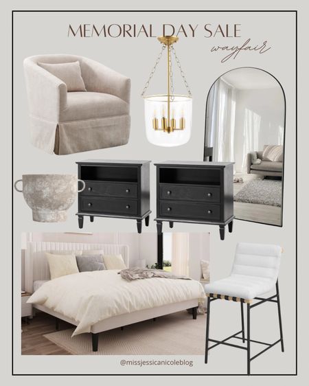 Wayfair furniture and home decor sale, Memorial Day sale, swivel accent chairs, nightstands, oversized floor mirror, pendant light, upholstered bed, upholstered bar stools, modern home decor 

#LTKSaleAlert #LTKHome #LTKStyleTip