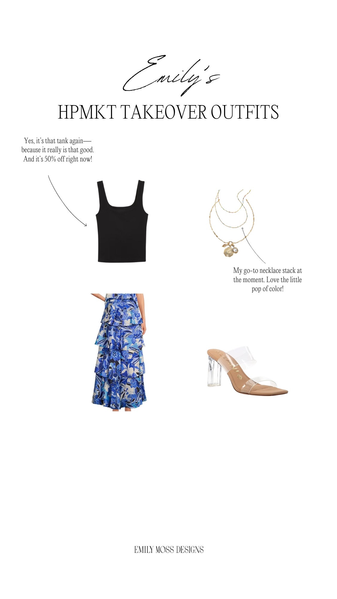 High Point Market Outfit ✨ Old Navy tank, Dillards floral maxi skirt, clear high heel, necklace stack, Anthropologie necklace 