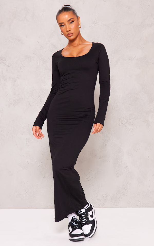 Black Cotton Scoop Neck Long Sleeve Midaxi Dress | PrettyLittleThing US