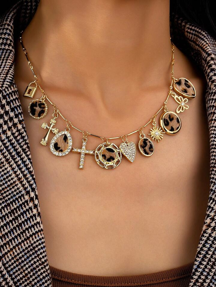 1 Pc Leopard Print PU Leather Heart Cross Charm Necklace Women Animal Pattern Charms Jewelry Leop... | SHEIN