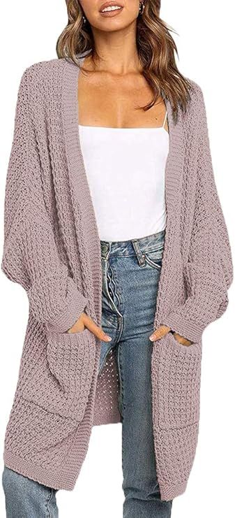 YIBOCK Womens Kimono Long Batwing Sleeve Open Front Chunky Cable Knit Cardigan Sweater | Amazon (US)