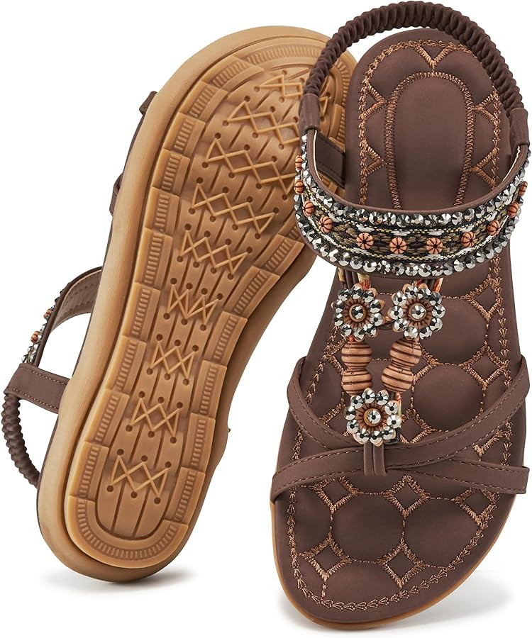 Alicegana Womens Sandals Dressy Summer: Comfortable Bohemian Flats Elastic Ankle Strap Walking Be... | Amazon (US)