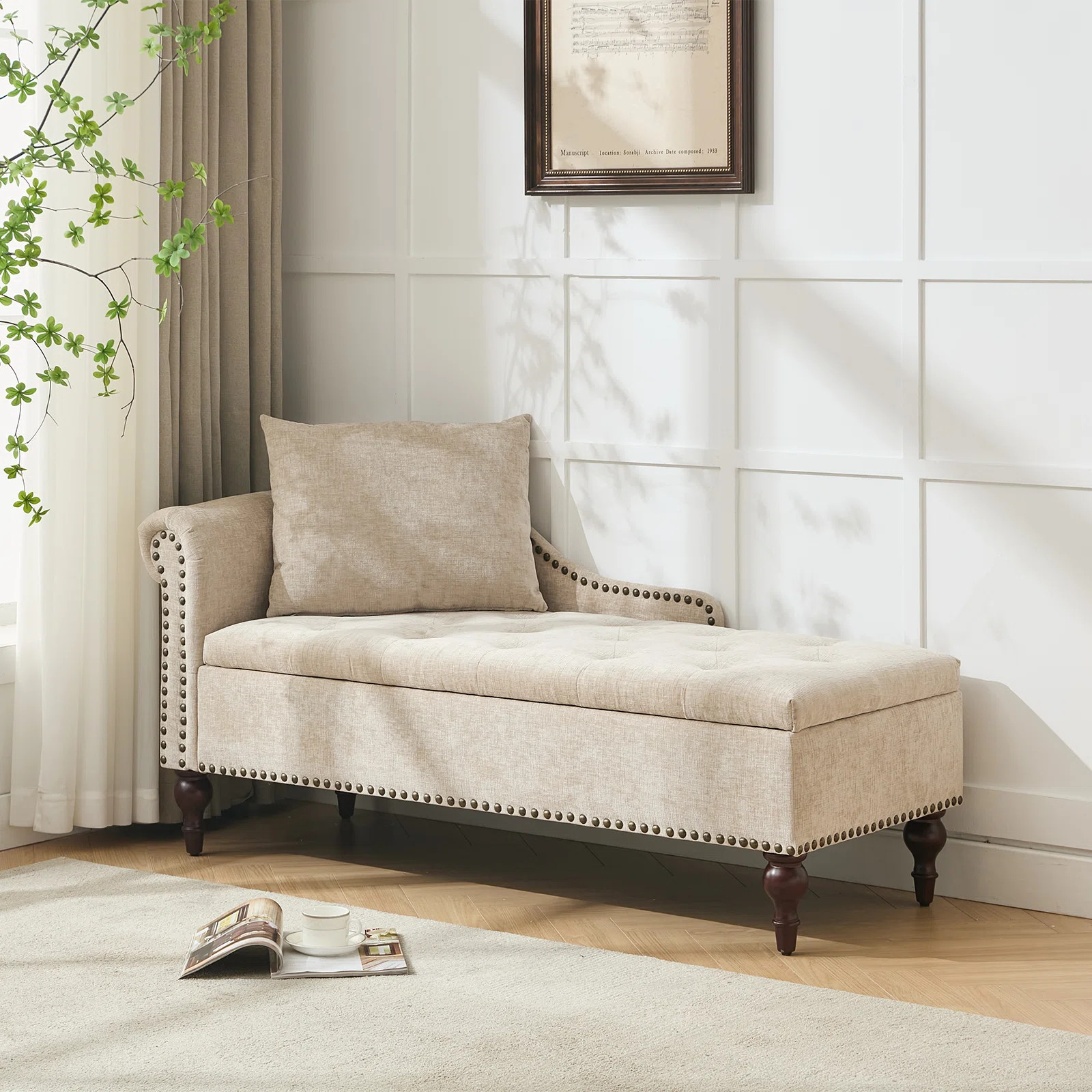 Upholstered Velvet/Chenille Chaise Lounge, Storage Bench with Pillow and Solid Wood Legs | Wayfair North America