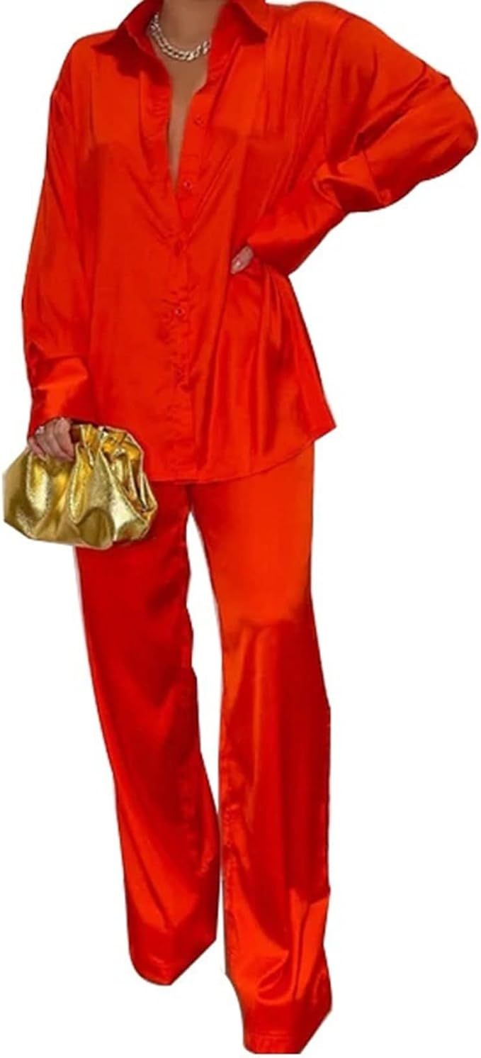 Satin Two Piece Outfits for Women - Silk Long Sleeve Button Down Wide Leg Loungewear Pajama Set F... | Amazon (US)