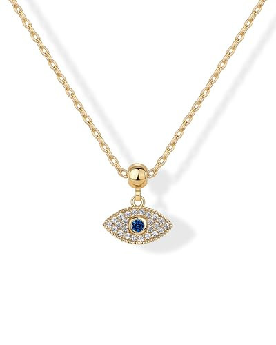PAVOI 14K Yellow Gold Plated Evil Eye Necklace for Women | Cubic Zirconia Evil Eye Pendant with Sapphire Accent | Adjustable Sliding Ball Chain Gold Jewelry | Amazon (US)