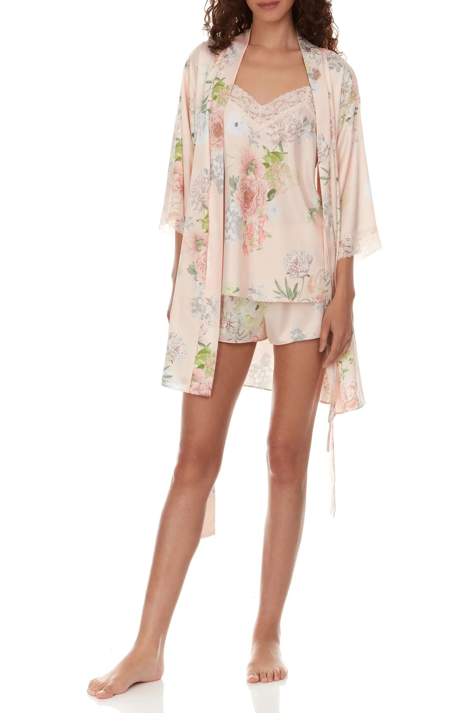 Sabrina Floral Print Satin Short Pajamas & Robe Set | Nordstrom