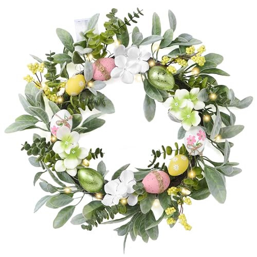 Valery Madelyn 18'' Lighted Easter Wreaths for Front Door, Pre-lit Spring Door Wreath with Pastel Eggs, Daisy Flowers & Silk Lambs Ear Leaves, Artificial Farmhouse Indoor Outdoor Wall Window Decor | Amazon (US)