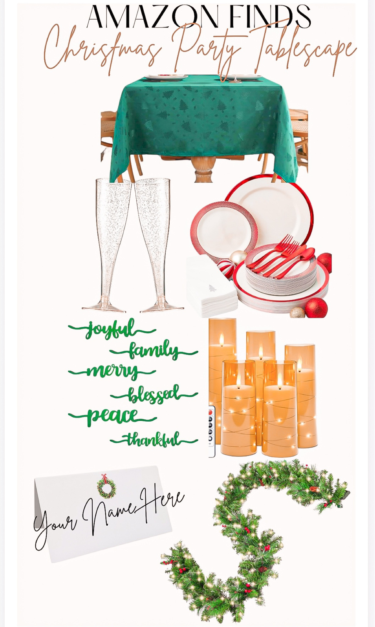 Christmas table Scape 🎄🎁

These table setting finds are too cute! It makes a beautiful space and easy clean up with a lot of items that you won’t need to hold onto 😊🎄

Christmas party, gift for her, gift guide, Christmas tree, garland, Christmas table, Christmas table cloth, reusable cups, glitter champagne flutes, champagne cups, candles, flameless candles , name tags, Christmas decor, Christmas garland , table runner, Christmas tree decor 

#LTKparties #LTKHoliday #LTKGiftGuide