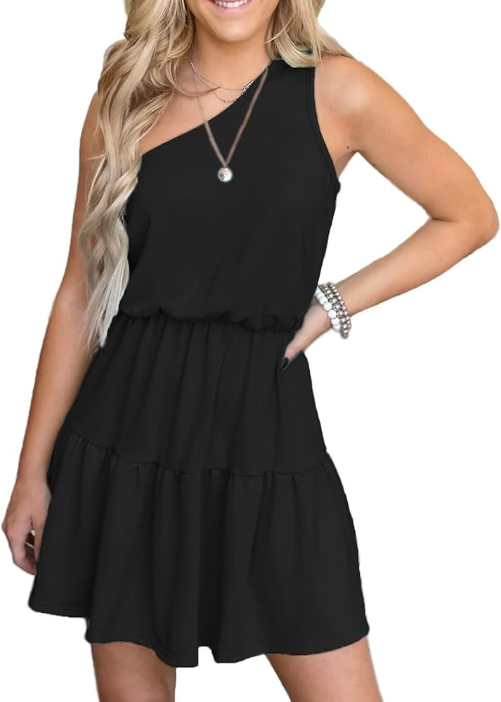 Women's One Shoulder Sleeveless Elastic Waist Boho Smocked Flowy Dresses Solid Tank Dress Mini Sundr | Amazon (US)