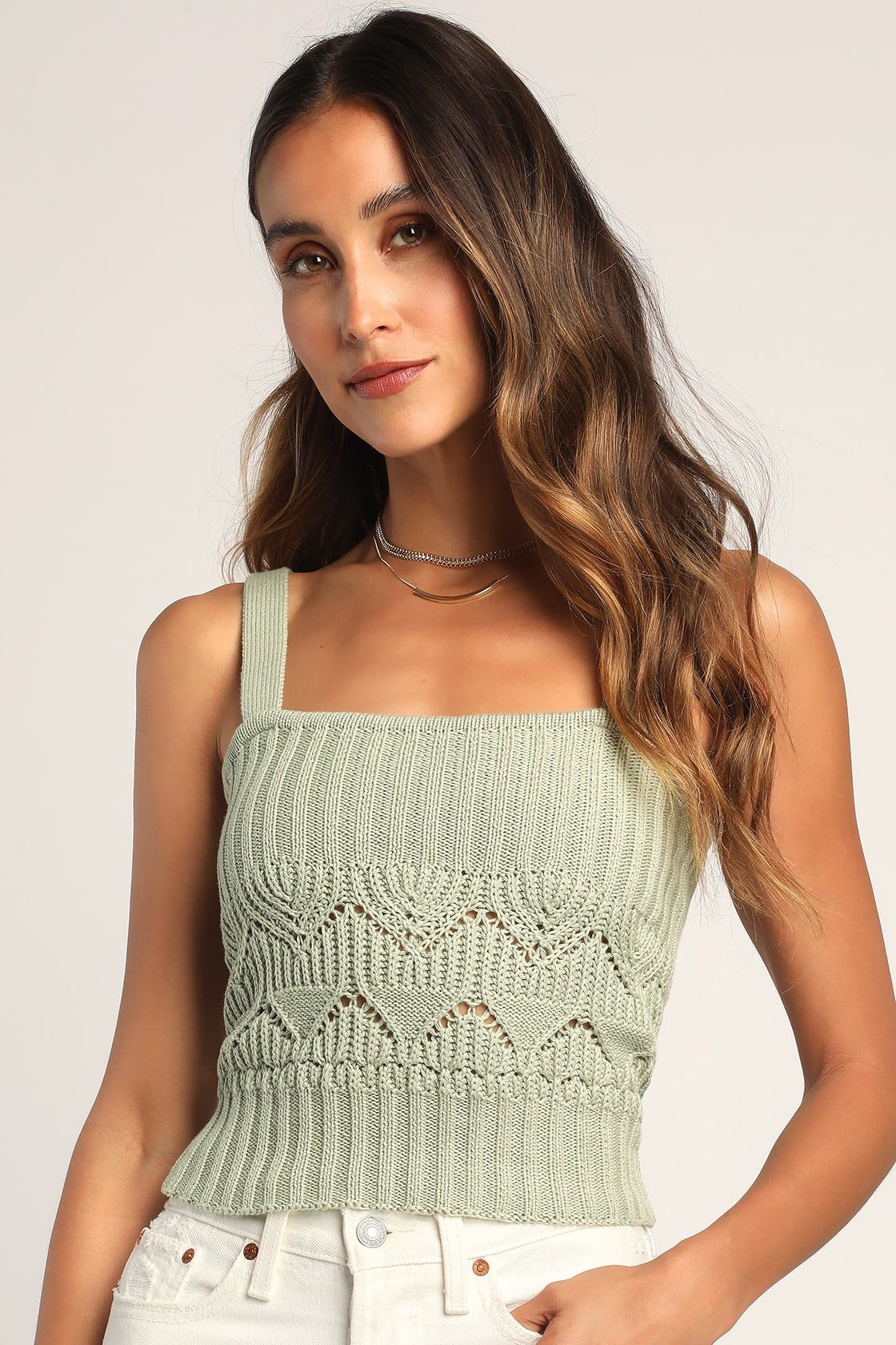 Point for Me Sage Green Pointelle Knit Tank Top | Lulus (US)