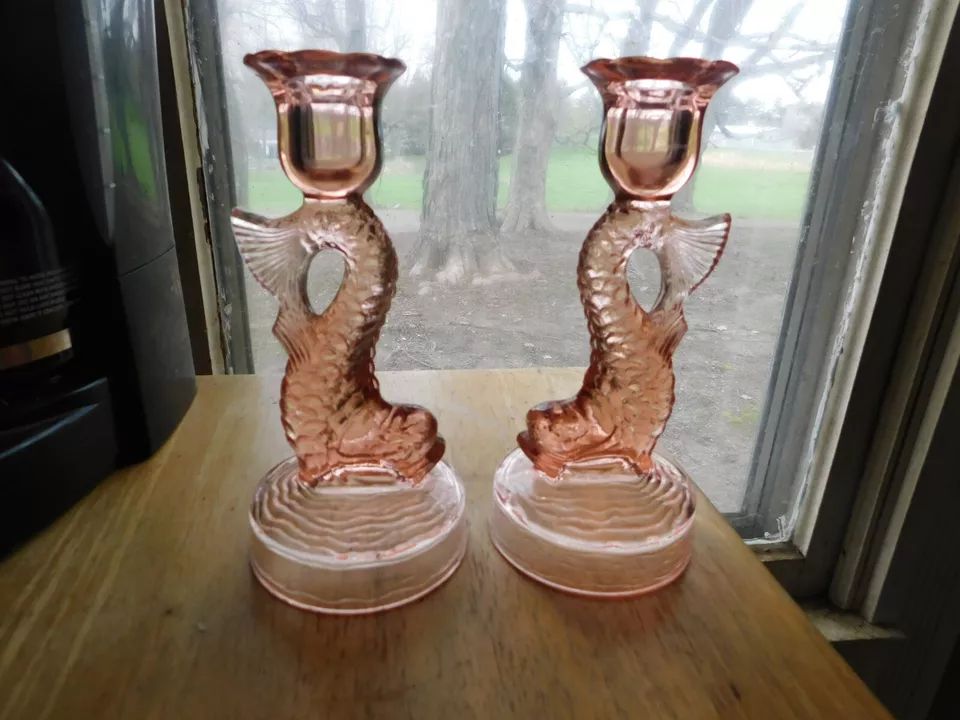 Pair of Pink Koi Fish Sea Serpent Depression Glass Chinoiserie Candlesticks  | eBay | eBay US