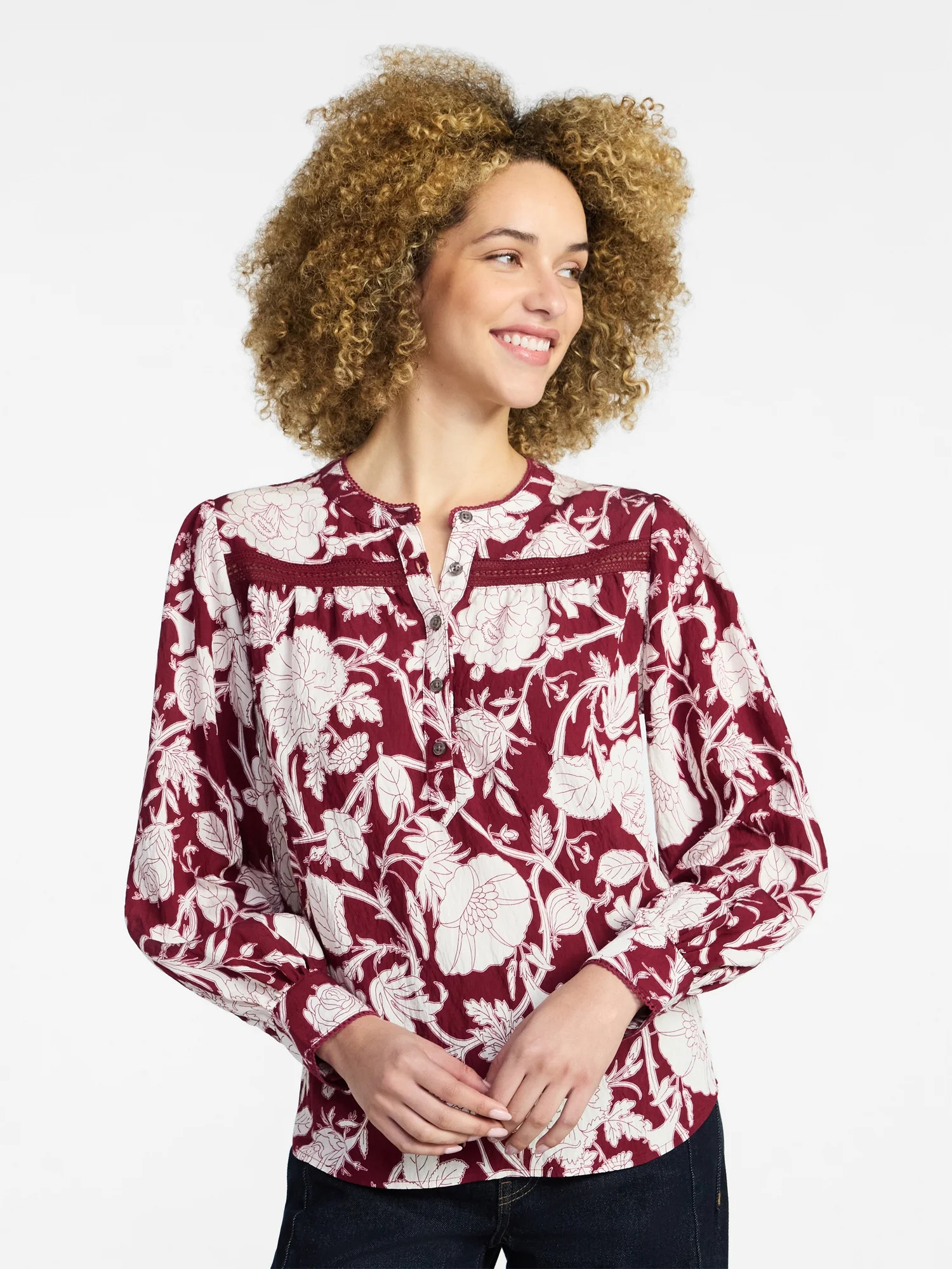 Time and Tru Women's Lace Yoke Shirt with Long Sleeves Sizes XS-XXXL | Walmart (US)