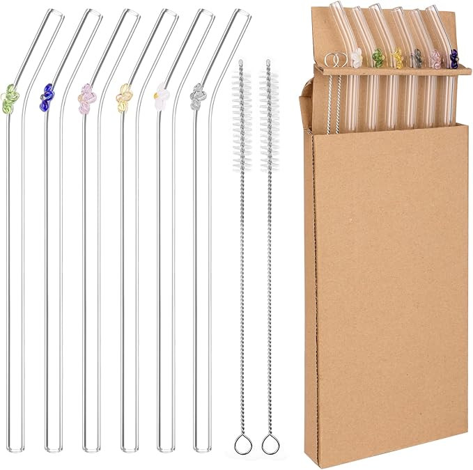 Glass Straw, Reusable Glass Straws Drinking, 6pcs Bent Straws with 2pcs Cleaning Brush, Clear Gla... | Amazon (UK)