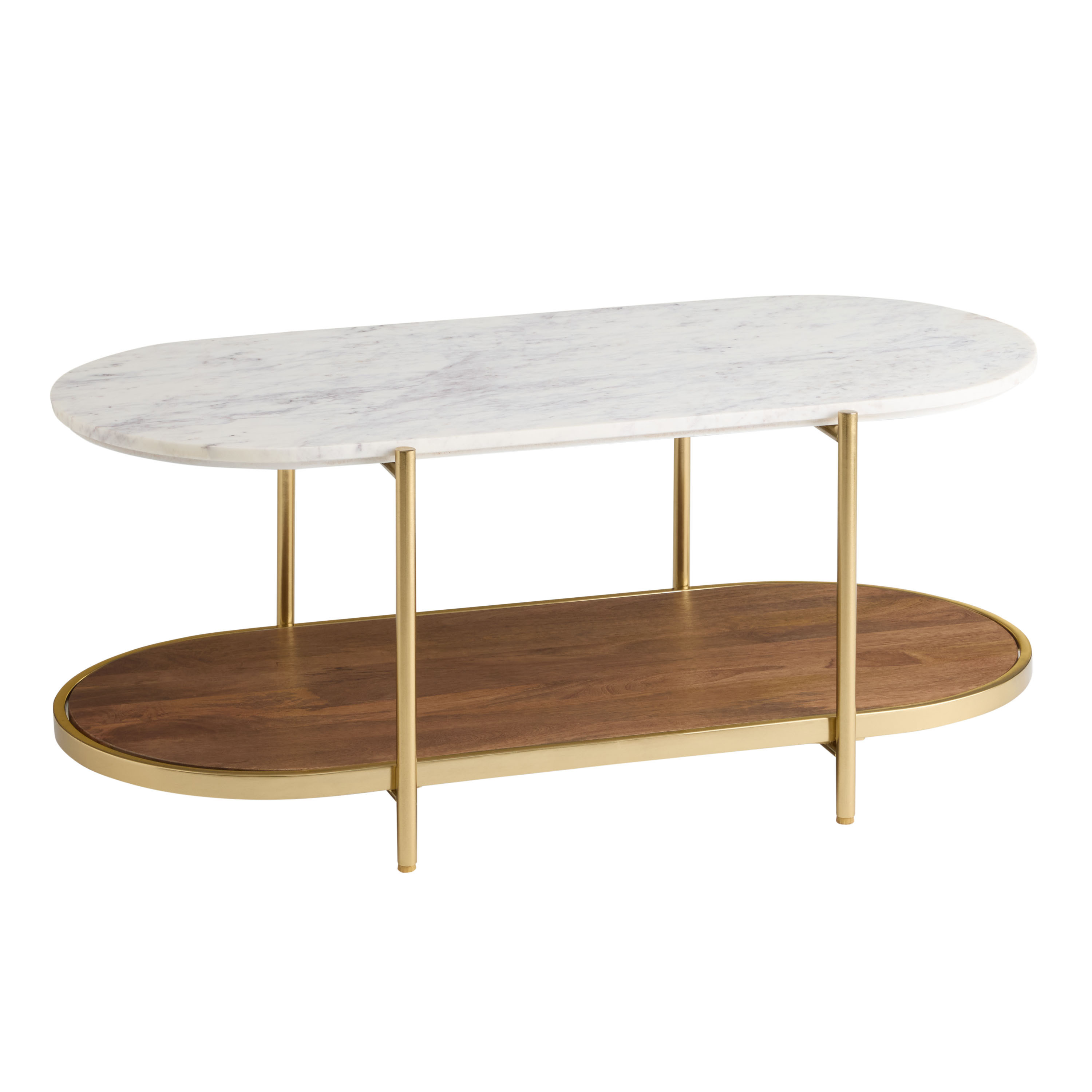 Amherst Oval White Marble and Wood Coffee Table with Shelf | World Market