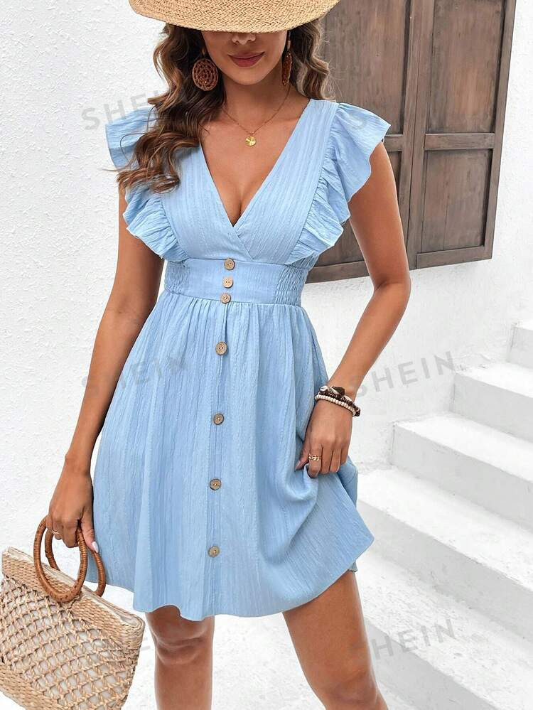 SHEIN Holidaya Vestido De Color Sólido Con Detalle Texturizado En El Escote En V Y Ribete Con Vo... | SHEIN