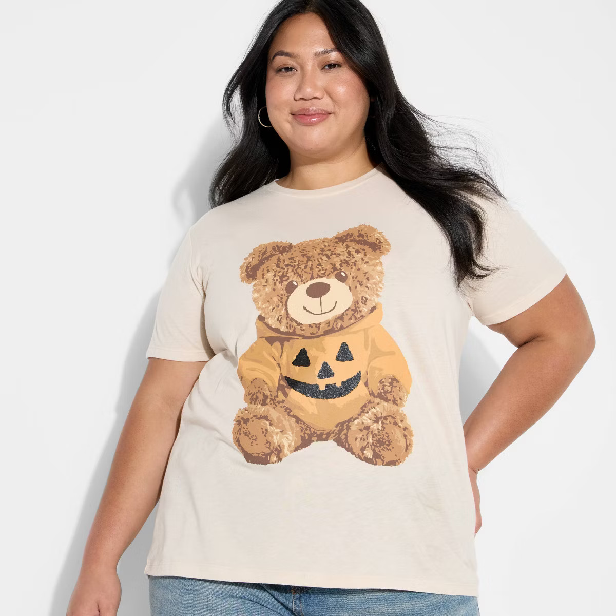 Women's Teddy Bear Pumpkin Short Sleeve Graphic Boyfriend T-Shirt - Beige | Target